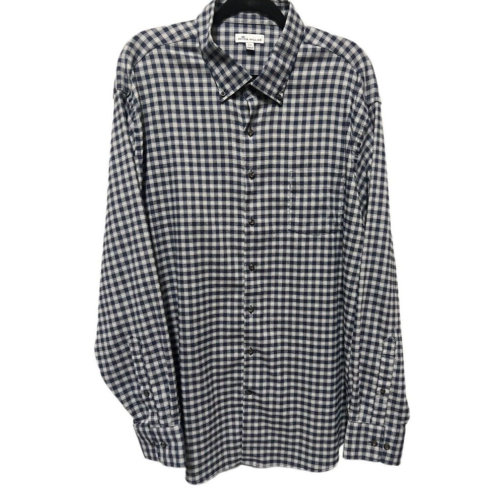 Peter Millar Mens Shirt 2XL Navy Blue White Check Button Down Long Sleeve